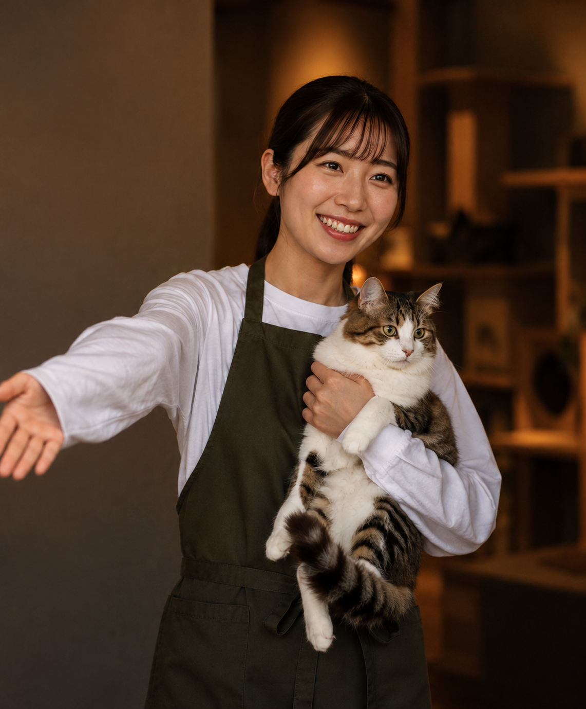 猫を抱いてお出迎えするスタッフ